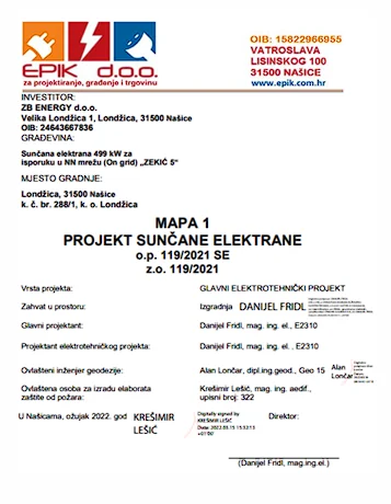 Projektna dokumentacija: Pet sunčanih elektrana po 499 kW
